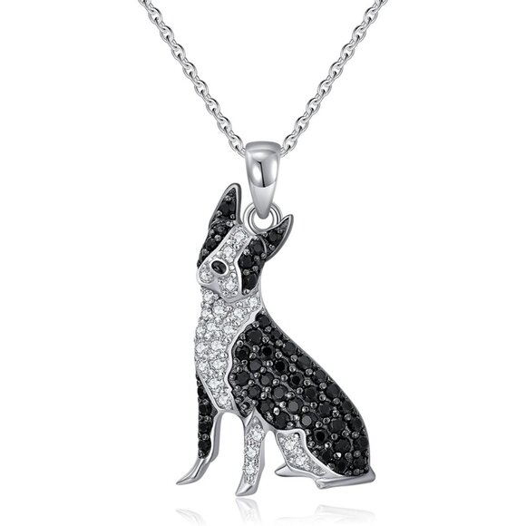 Boston Terrier Dog Breed Rhodium Plated Sterling Silver CZ Stone Necklace NEW - Picture 1 of 11